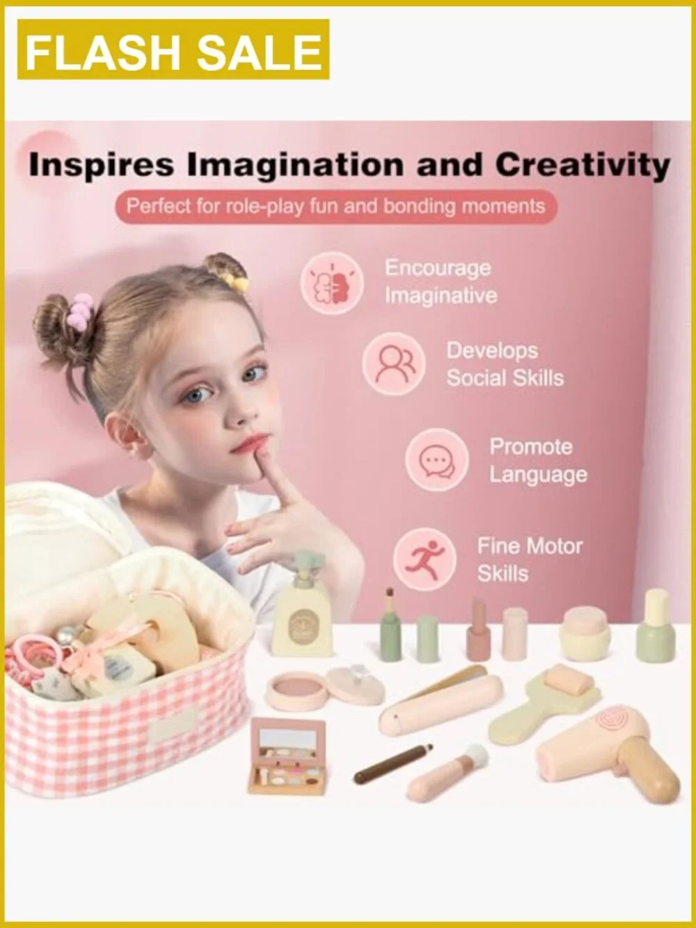 Wooden Makeup Toy Set - 20+ Piece Pretend Play Beauty Kit for Kids